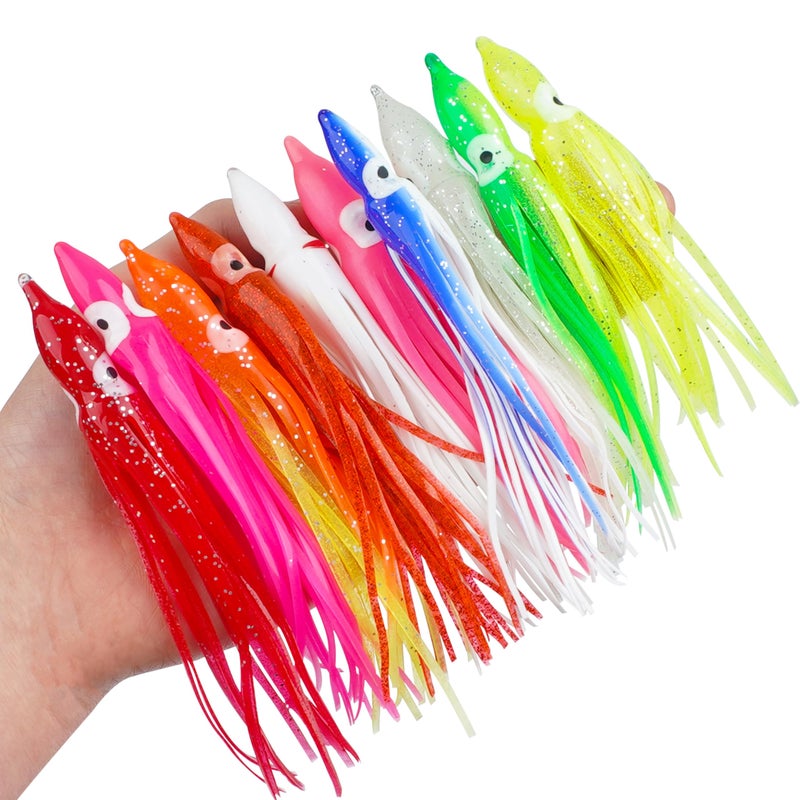 SILANON Fishing Squid Skirts Lures, 60pcs Luminous Octopus Skirts Trolling Lures Soft Plastic Fishing Bait Set for Bass Salmon Trout Multicolored 12cm - Image 5